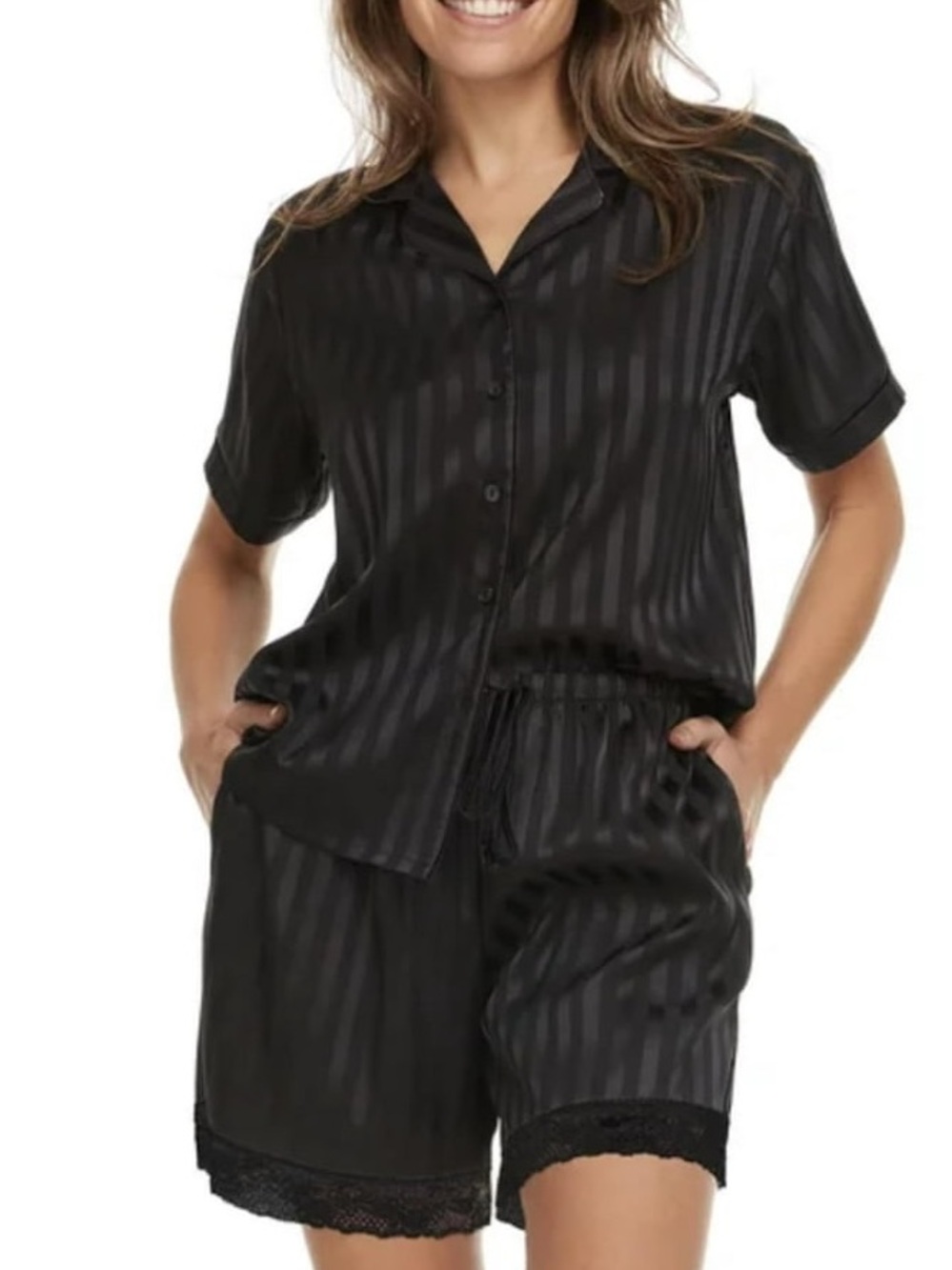 Flora Nikrooz Selena Black Stripe Satin Short Sleeve Pajama Set | Size M